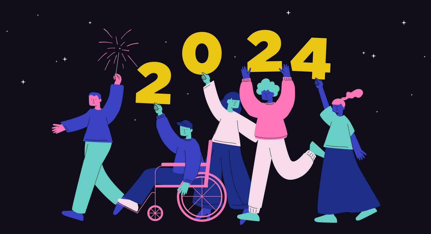 ein Vielfalt Gruppe feiern Neu Jahr durch spielen Wunderkerze und halten Nummer 2024 vektor