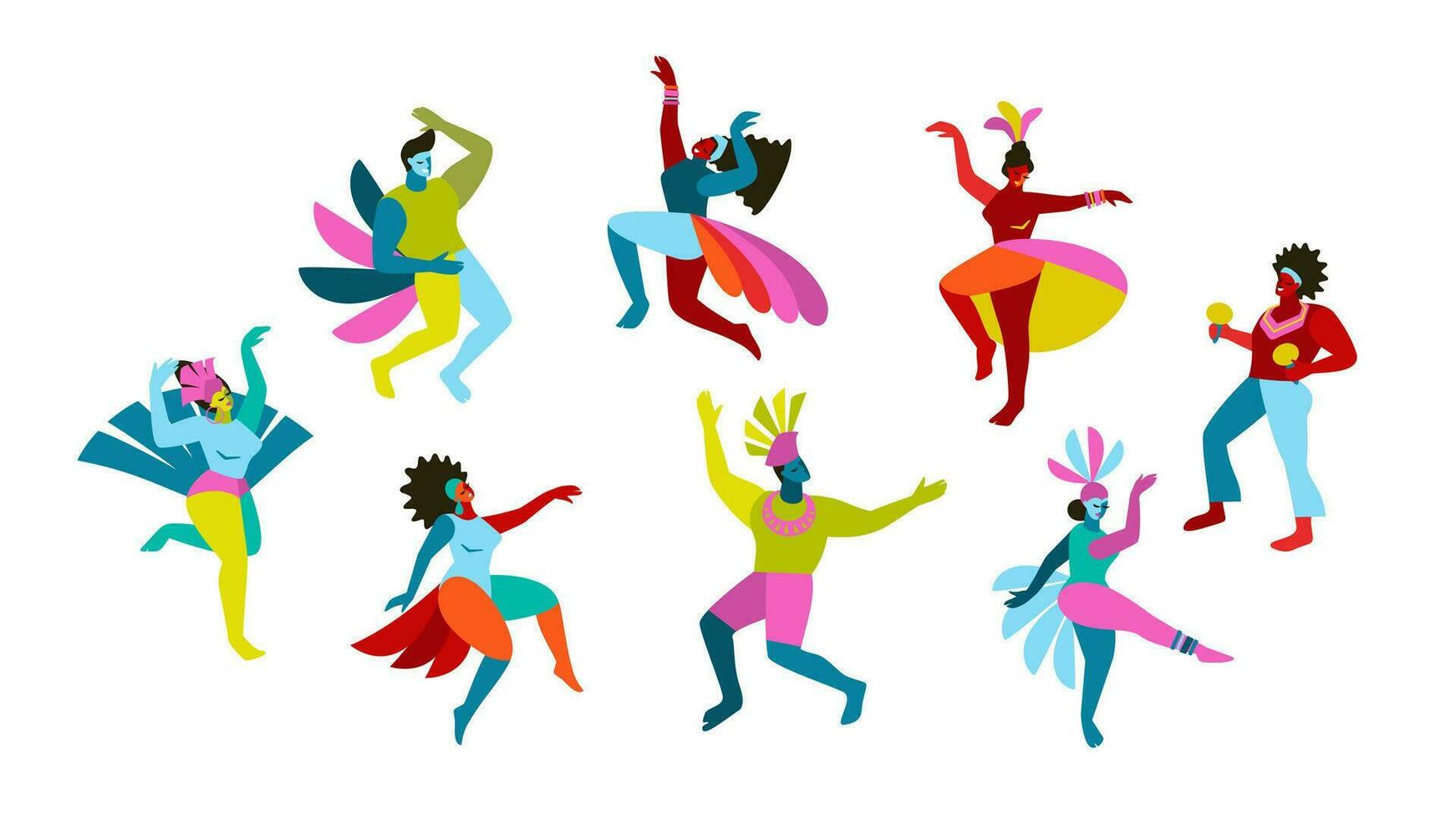 Vektor isoliert abstrakt Abbildungen von komisch Tanzen Männer und Frauen im hell Kostüme. Brasilien Karneval. Design Elemente zum Karneval Konzept und andere verwenden