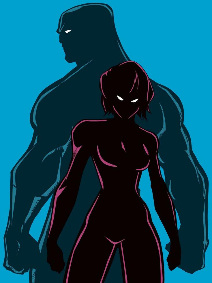 Superheld Paar zurück zu zurück Silhouetten vektor