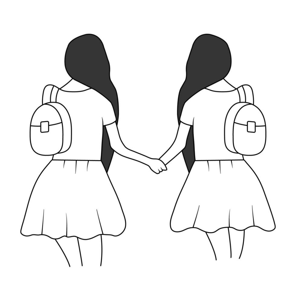 hand dragen två skol vänner med ryggsäck vektor skiss