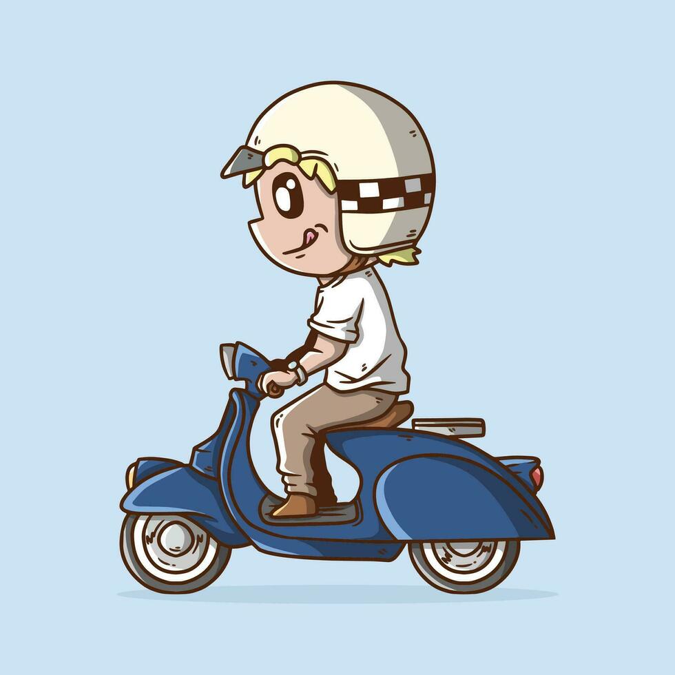 süß Biker Karikatur Vektor Illustration Reiten Blau retro Jahrgang klassisch Roller. retro klassisch Roller Fahrrad Vektor