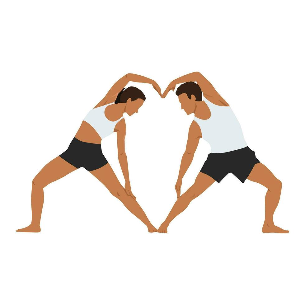 ung par håller på med acro yoga övning framställning en kärlek tecken med kropp. vektor