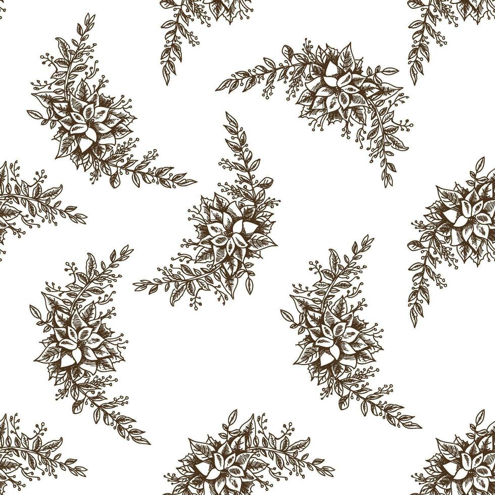 sömlös mönster av hand dragen jul krans med julstjärna blomma, bär. vektor illustration. skiss stil.