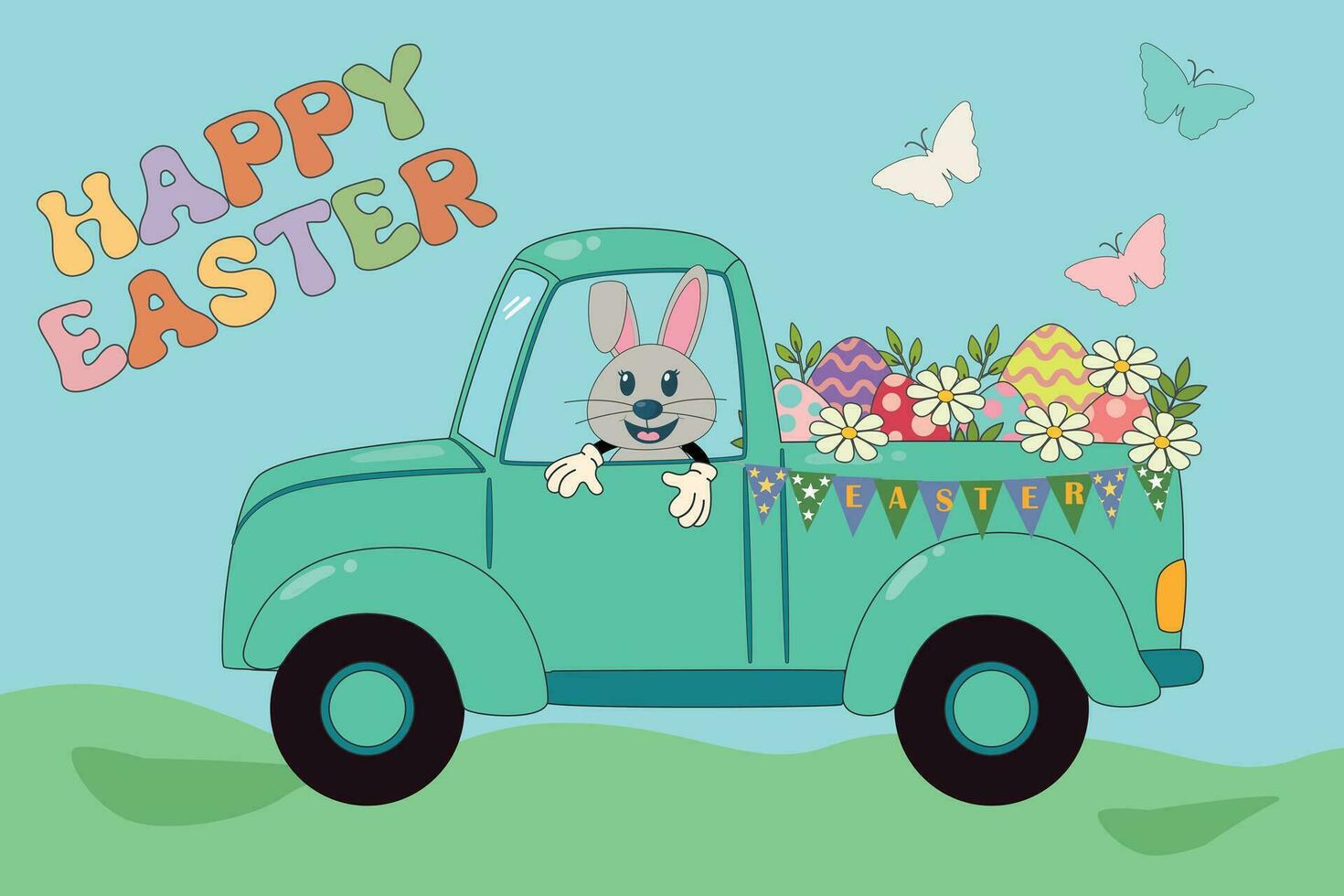 Lycklig påsk årgång söt kanin karaktär på en lastbil med påsk ägg. trendig påsk design med typografi, blommor, ägg, i pastell färger. de begrepp av en vår Semester i en tecknad serie stil vektor