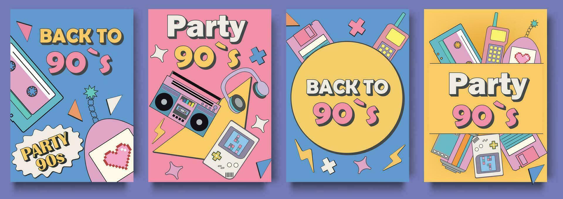 zurück zu 90er Jahre Party Startseite Broschüre einstellen im eben Design. Poster Vorlagen mit glücklich neunziger Jahre Symbole, Neo Brutalismus, Gamepad und Geräte, Kopfhörer und andere retro Pop Kultur Zeichen. Vektor Illustration