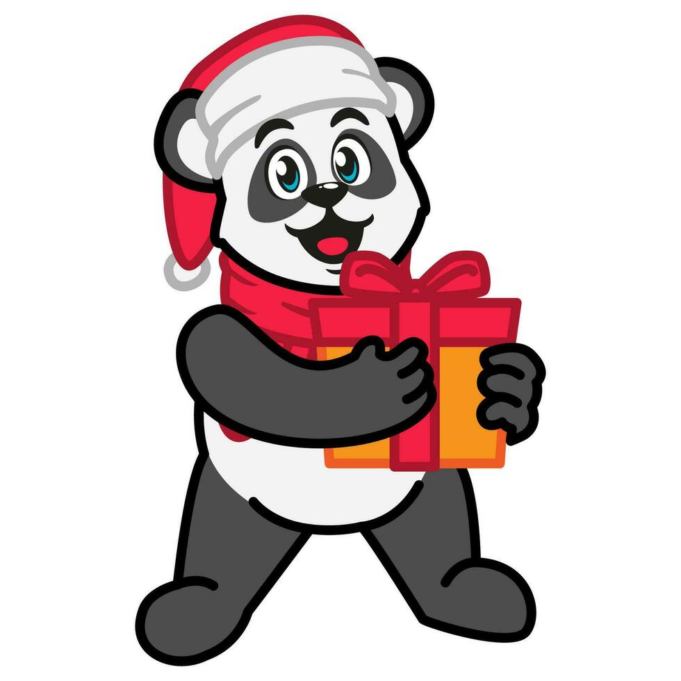 Panda im ein Santa claus Hut und Schal halten ein Geschenk Box vektor