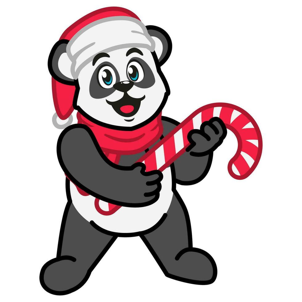 panda i en röd scarf och en santa hatt innehav en jul godis sockerrör vektor