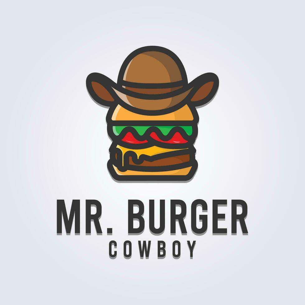 Herr. Burger Logo, Cowboy Burger Logo Vektor Illustration Design, kreativ Essen Logo