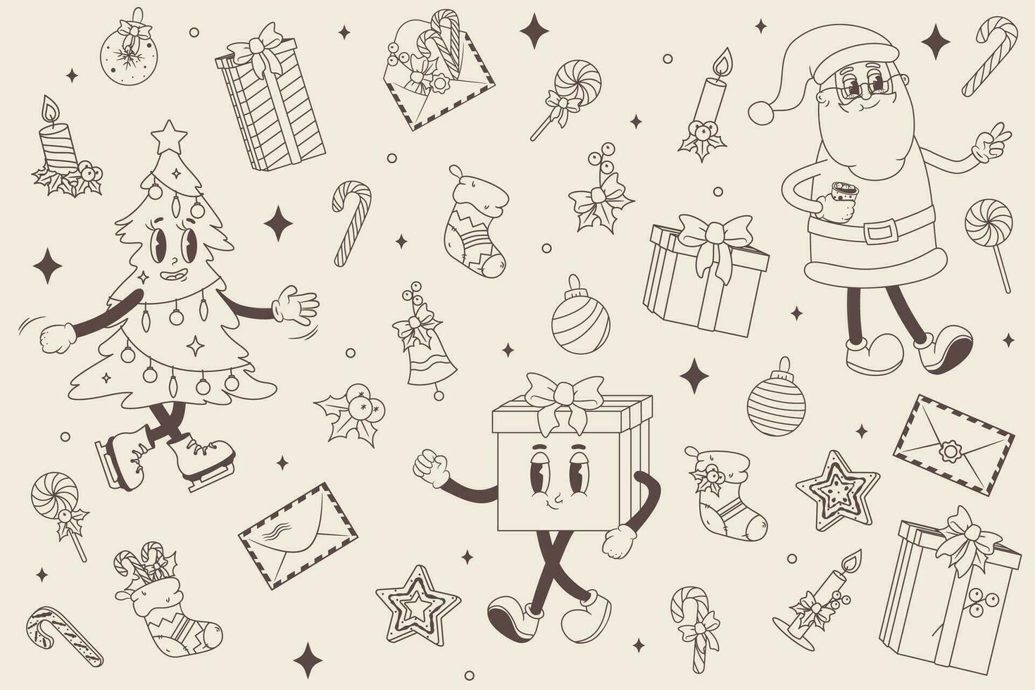 Vektor groovig einstellen von Weihnachten und glücklich Neu Jahr Zeichen und Symbole. Gliederung Illustration im retro Jahrgang Stil 60er Jahre 70er Jahre zum Gruß Karte und festlich Design