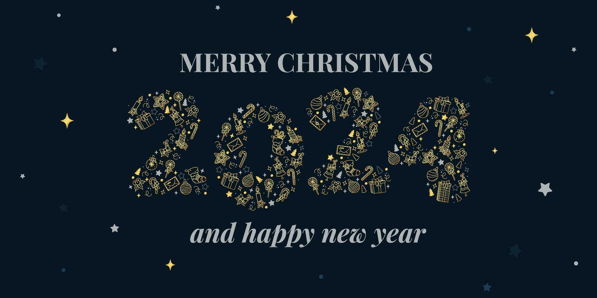 Vektor Gruß Karte fröhlich Weihnachten und glücklich Neu Jahr 2024. Design von Zahlen auf dunkel Blau Hintergrund mit golden Symbole von Feiertage. modisch Winter Banner oder Poster Vorlage