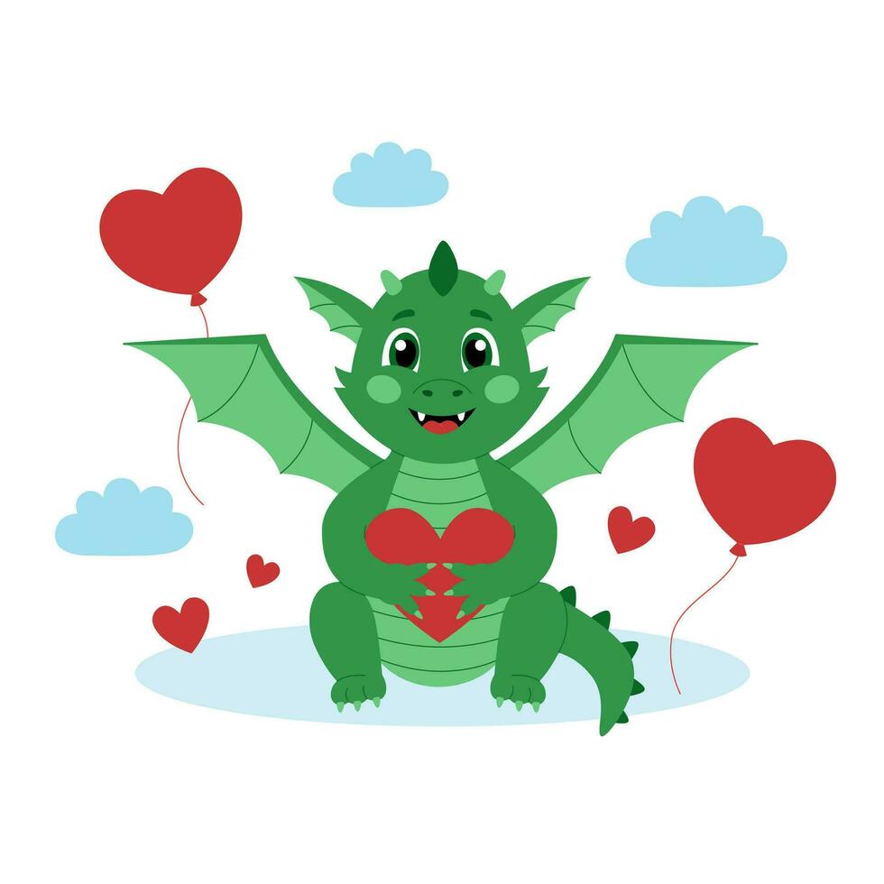 süß Grün Drachen mit Herzen und Luftballons. Karikatur Charakter zum Valentinstag Tag. Vektor Illustration zum Gruß Karte, Poster oder Banner