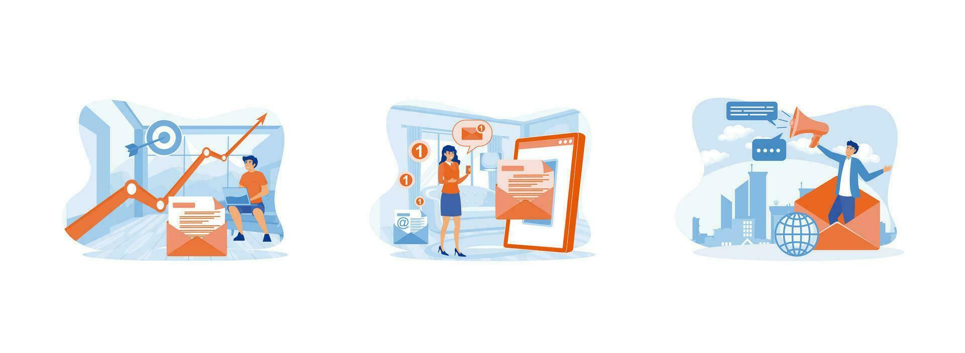 Email Marketing. Email Service. Senden Email Newsletter zum Rabatt oder Beförderung Information. Email Marketing 1 einstellen eben Vektor modern Illustration