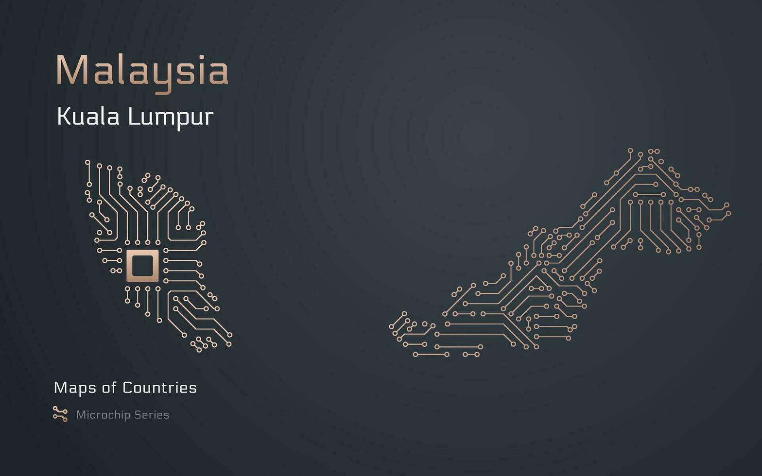 malaysia glansig Karta med en huvudstad av kuala lumpur visad i en mikrochip mönster med processor. e-förvaltning. värld länder vektor Kartor. mikrochip serier