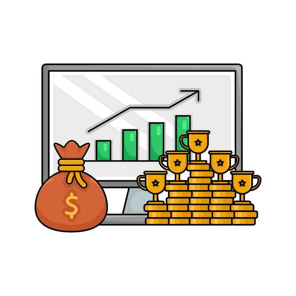 pengar mynt, trofé, pengar väska med Diagram gapig i dator illustration vektor