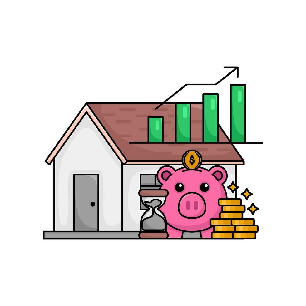 Schweinchen Bank, Geld Münze, Sanduhr, Diagramm Grafik mit Zuhause Illustration vektor