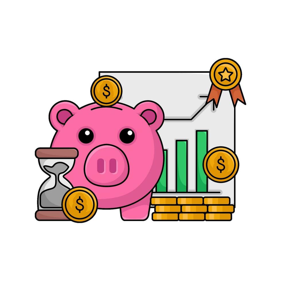 Schweinchen Bank, Geld Münze, Diagramm Grafik mit Sanduhr Illustration vektor