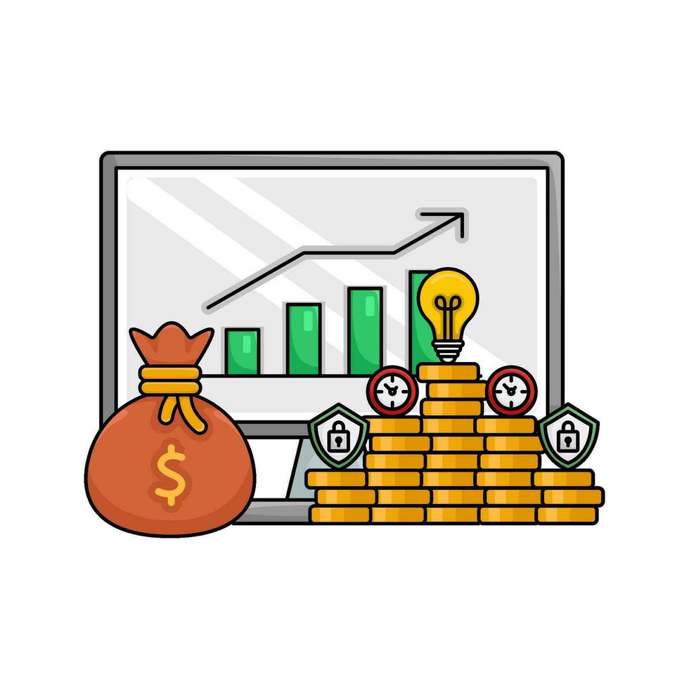 pengar mynt, klocka tid, skydd, lampa, pengar väska med Diagram grafisk i dator illustartion vektor