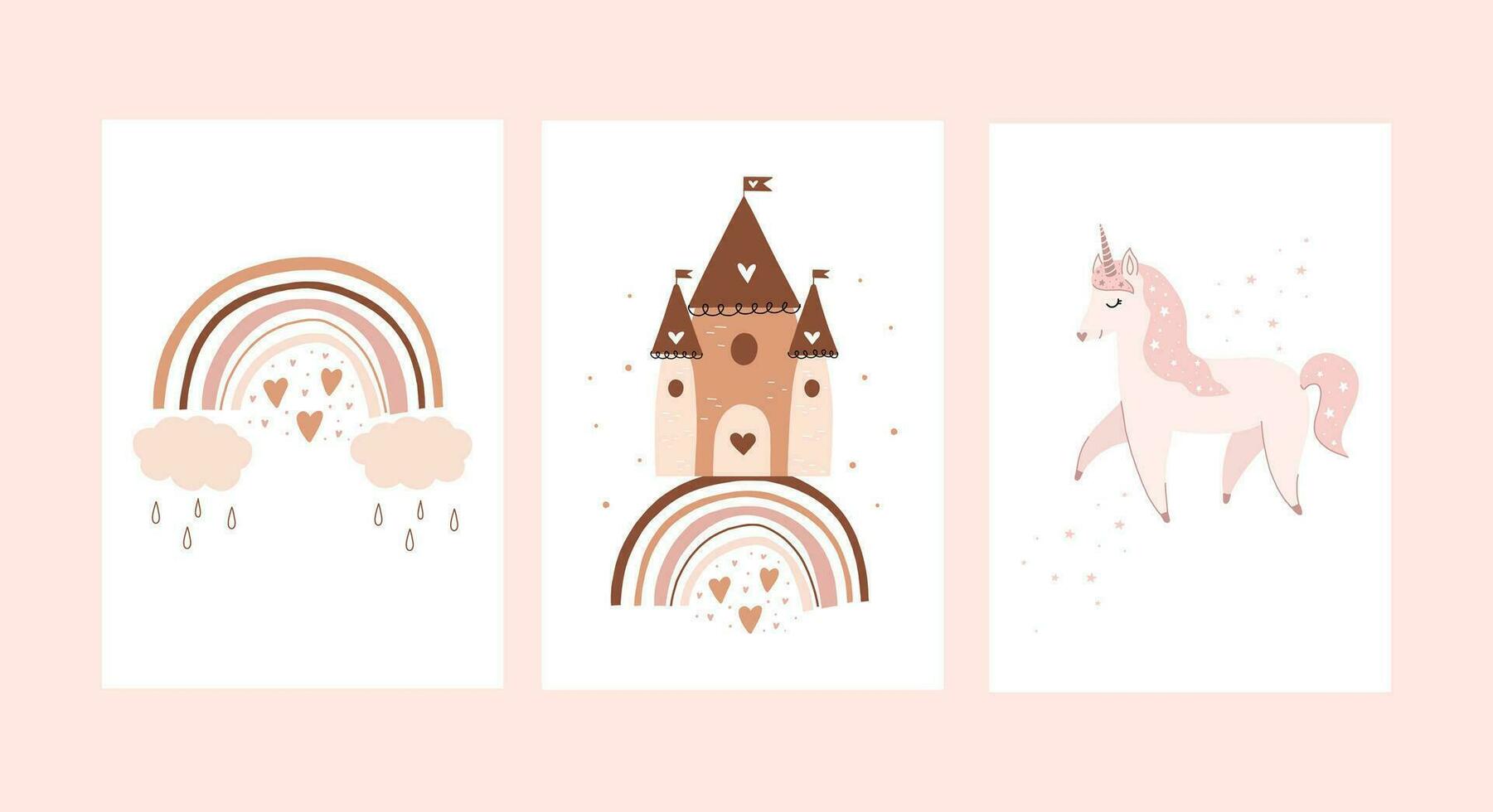 süß Karten im Sanft Pastell- Farben zum Kinder. Hand gezeichnet Grafik zum Kinder- Kleidung. verwenden zum Drucken, Mode Kinder- Kleidung. Einhorn, Magie Schloss und Regenbogen vektor