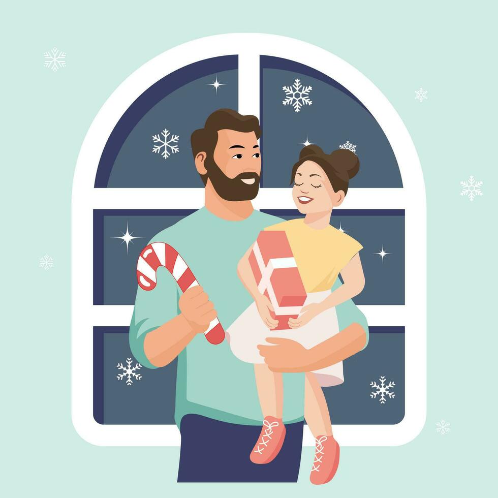 pappa och dotter, med en gåva och godis sockerrör mot de bakgrund av en fönster med snöflingor. vinter- jul illustration i platt stil. vektor