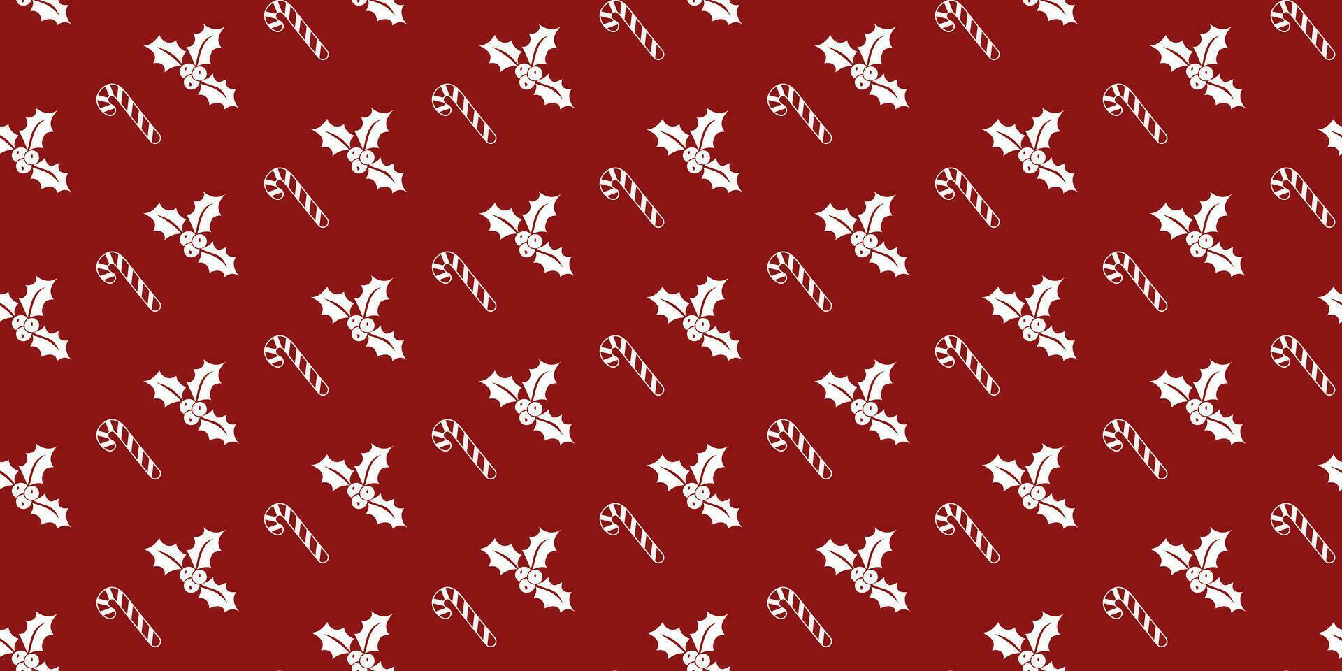 rot nahtlos Hintergrund mit Weiß Elemente von Weihnachten und Neu Jahr, Symbole von ein Süßigkeiten Stock, ein Zweig von Stechpalme mit Beeren. Vektor Illustration.