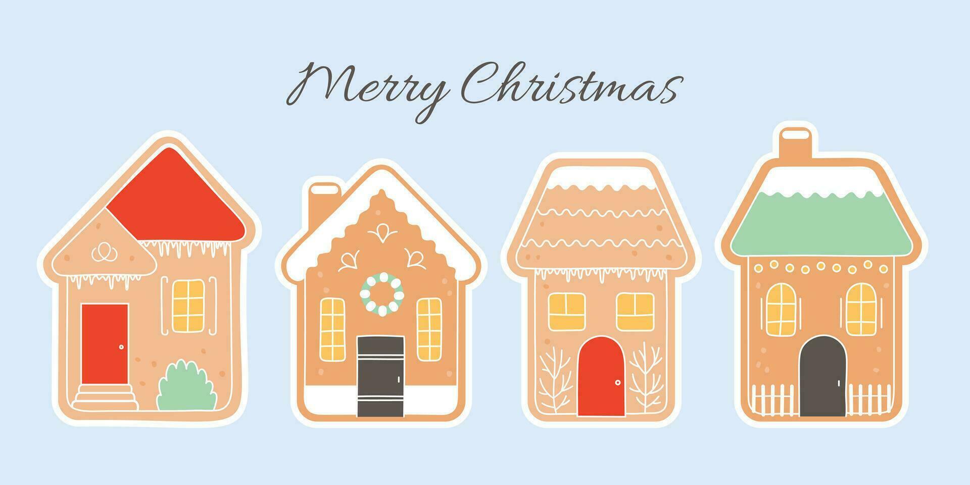 Lebkuchen Häuser Aufkleber einstellen auf Licht Blau Hintergrund. fröhlich Weihnachten Einladung Karte. Vektor Illustration