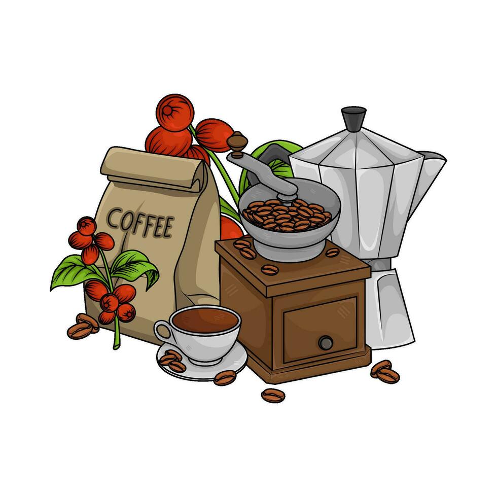 kvarn, kaffe frukt, kaffe dryck med papperspåse illustration vektor