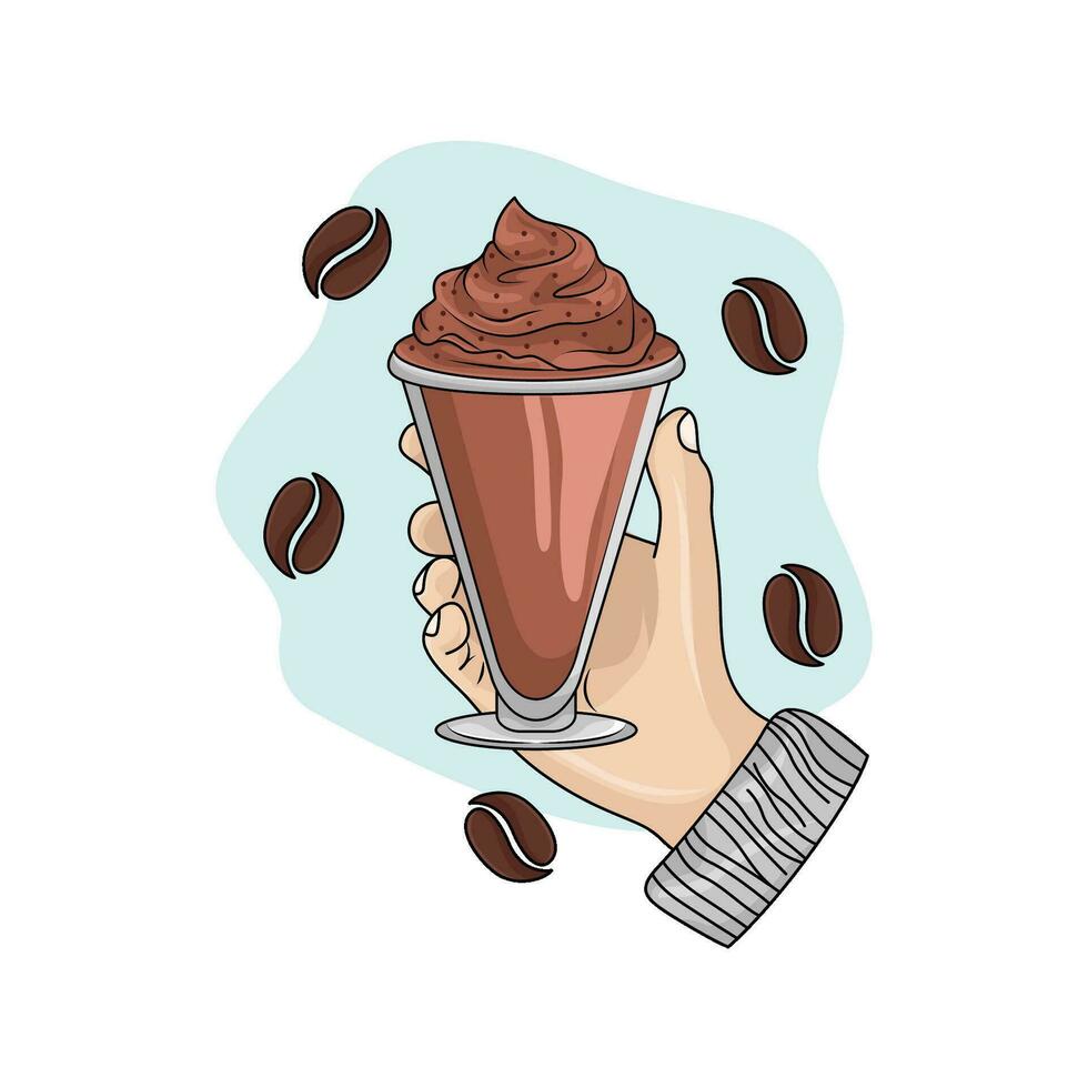 Tasse Eis stopfen Kaffee im Hand mit Kaffee Bohnen Illustration vektor