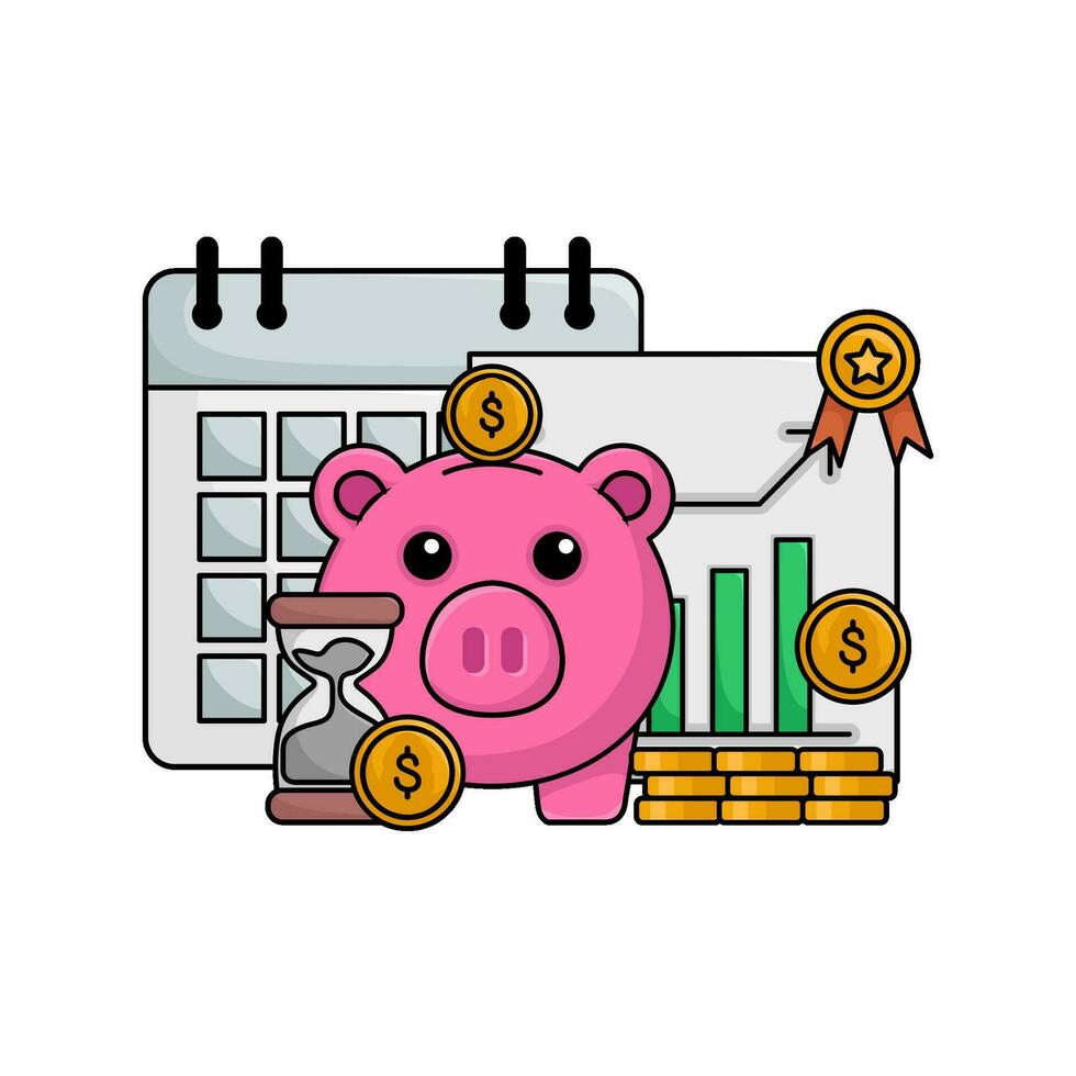 Schweinchen Bank, Sanduhr Diagramm Grafik im Papier, Kalender, Geld Münze mit Lampe Idee Illustration vektor