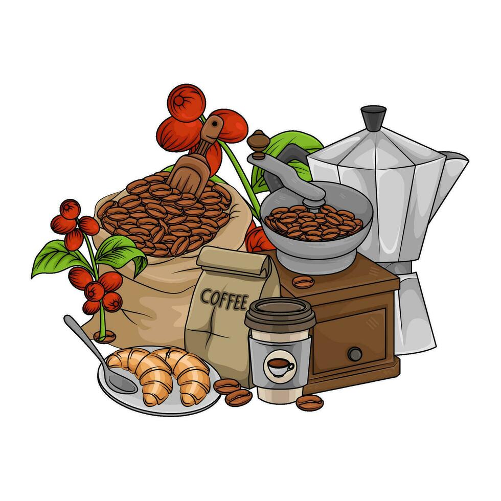 kvarn, kaffe bönor, kopp dryck, bakverk, kaffe frukt med papperspåse illustration vektor