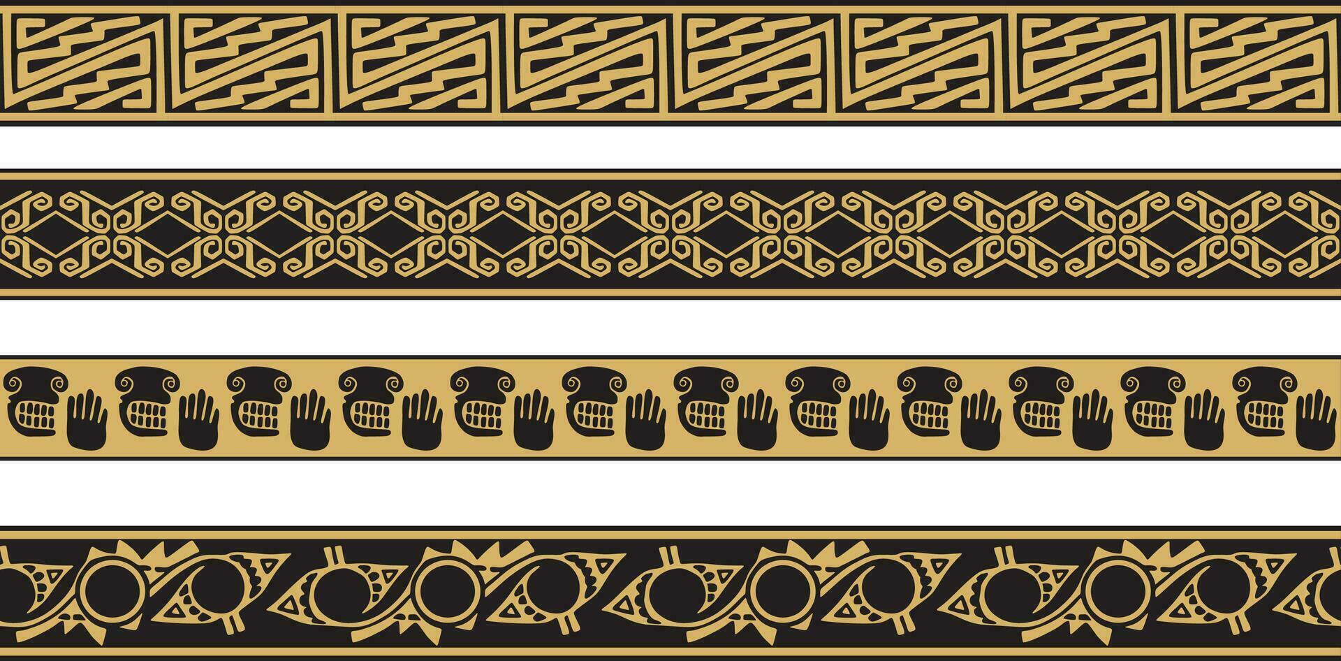 vektor uppsättning av guld och svart inföding amerikan dekorativ sömlös gränser. ramverk av de människors av Amerika, azteker, maja, incas