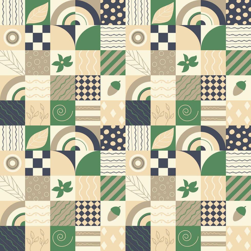 nahtlos Muster mit geometrisch Formen und Kritzeleien Blatt, Eichel, Blume von Grün Beige Farbe vektor