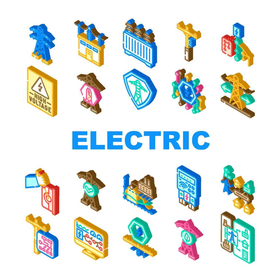 elektrisk rutnät energi kraft ikoner uppsättning vektor