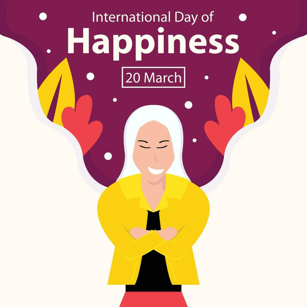 Illustration Vektor Grafik von ein Mädchen lacht glücklich, mit ein Pflanze Hintergrund, perfekt zum International Tag, International Tag von Glück, zelebrieren, Gruß Karte, usw.