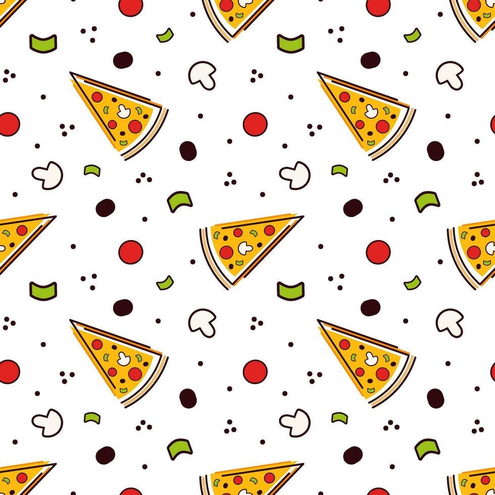 pizza sömlös mönster. för förpackning, meny design, interiör dekorera. svart linje vektor illustration. tomat, oliv, svamp, korv.