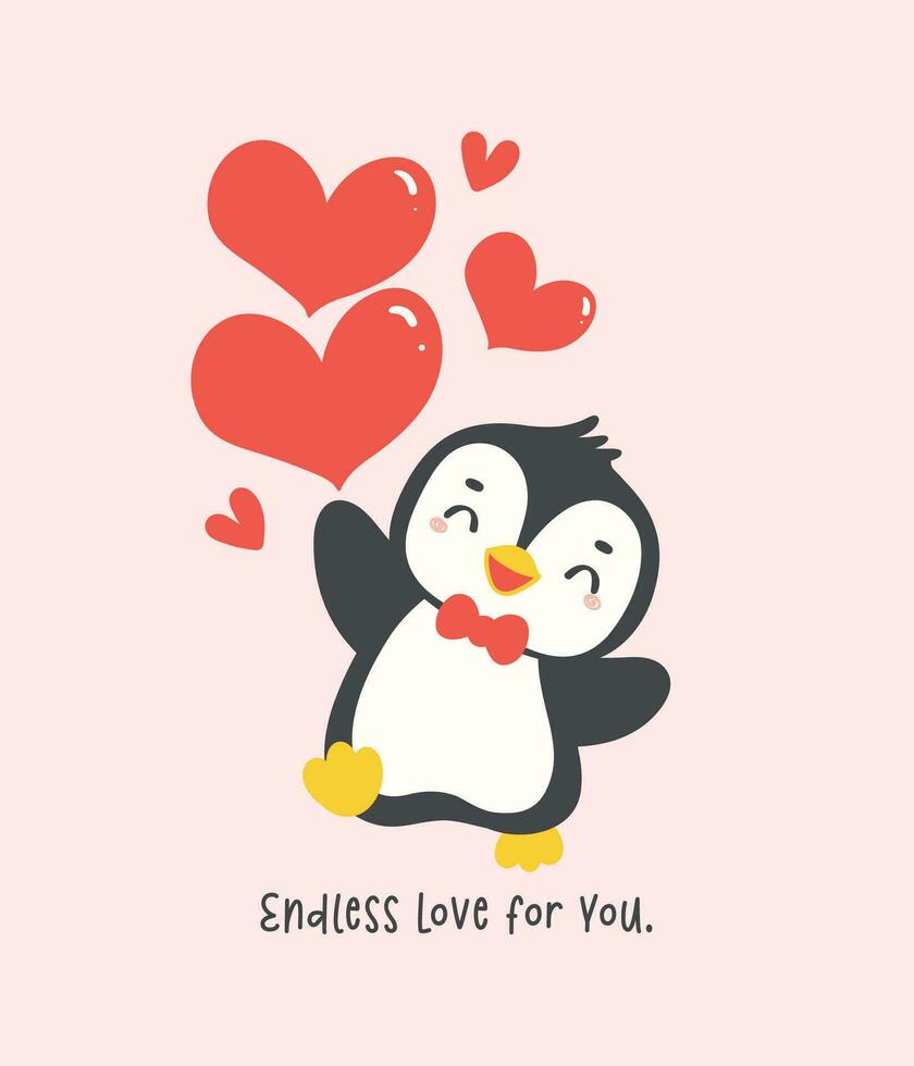 söt pingvin med röd hjärtan tecknad serie, söt valentine djur- karaktär illustration, lekfull hand dragen festlig kärlek grafisk. vektor