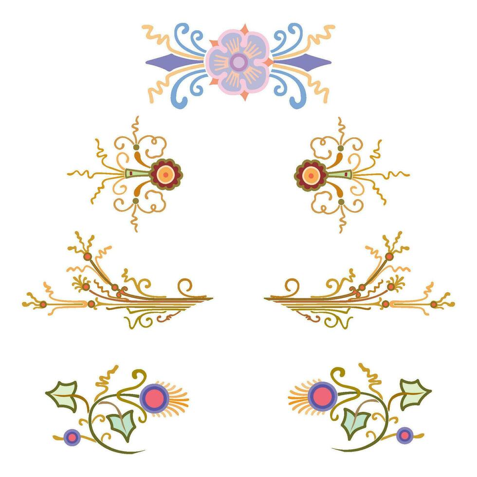 Jahrgang Blumen- kalligraphisch Blumen- Vignette scrollen Ecken Zier Design Elemente einstellen isoliert Illustration vektor