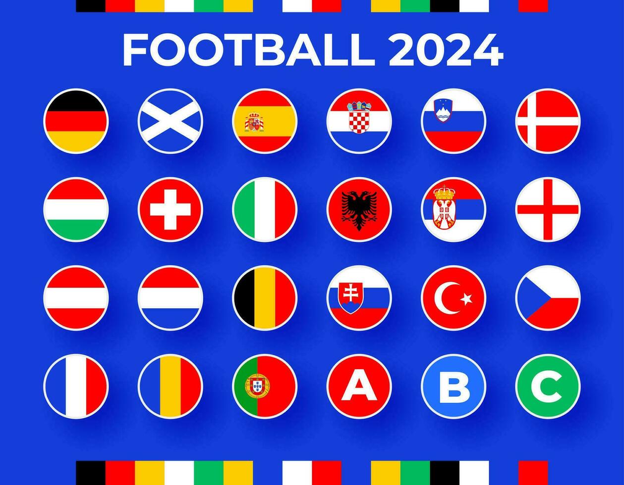 Fußball 2024 Finale Bühne Gruppen. Tabelle von das Finale zeichnen von das europäisch Meisterschaft 2024. National Fußball Teams mit Flagge Symbole vektor