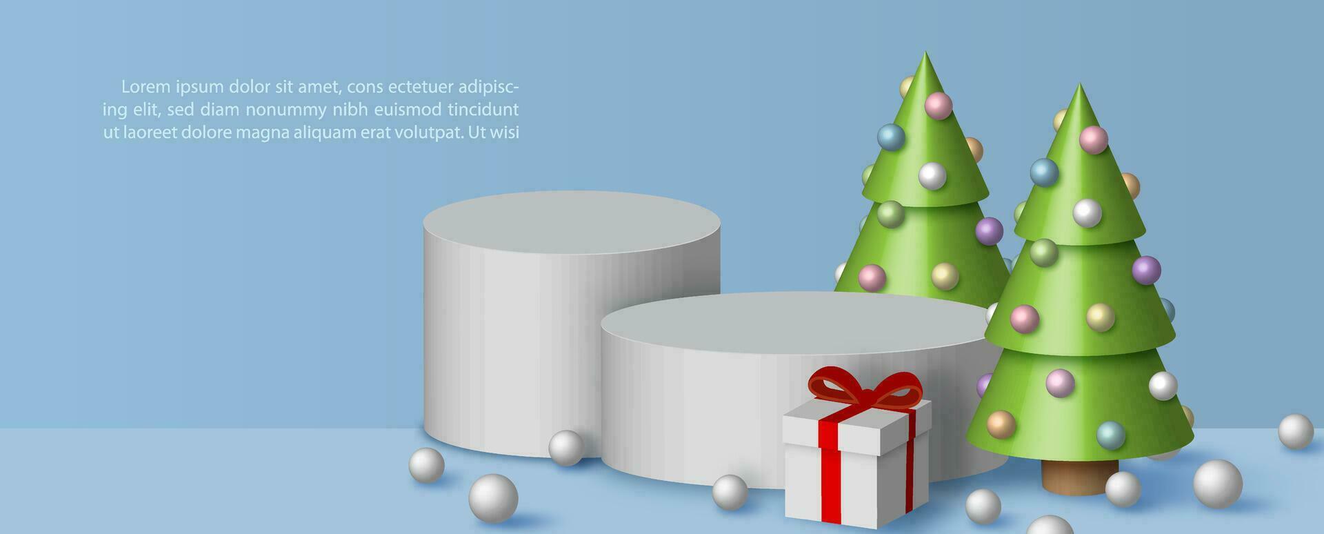 Poster Werbung mit Produkt Bühne und Dekoration von Weihnachten Feier im 3d Stil auf Blau Hintergrund. alle im Vektor Design.