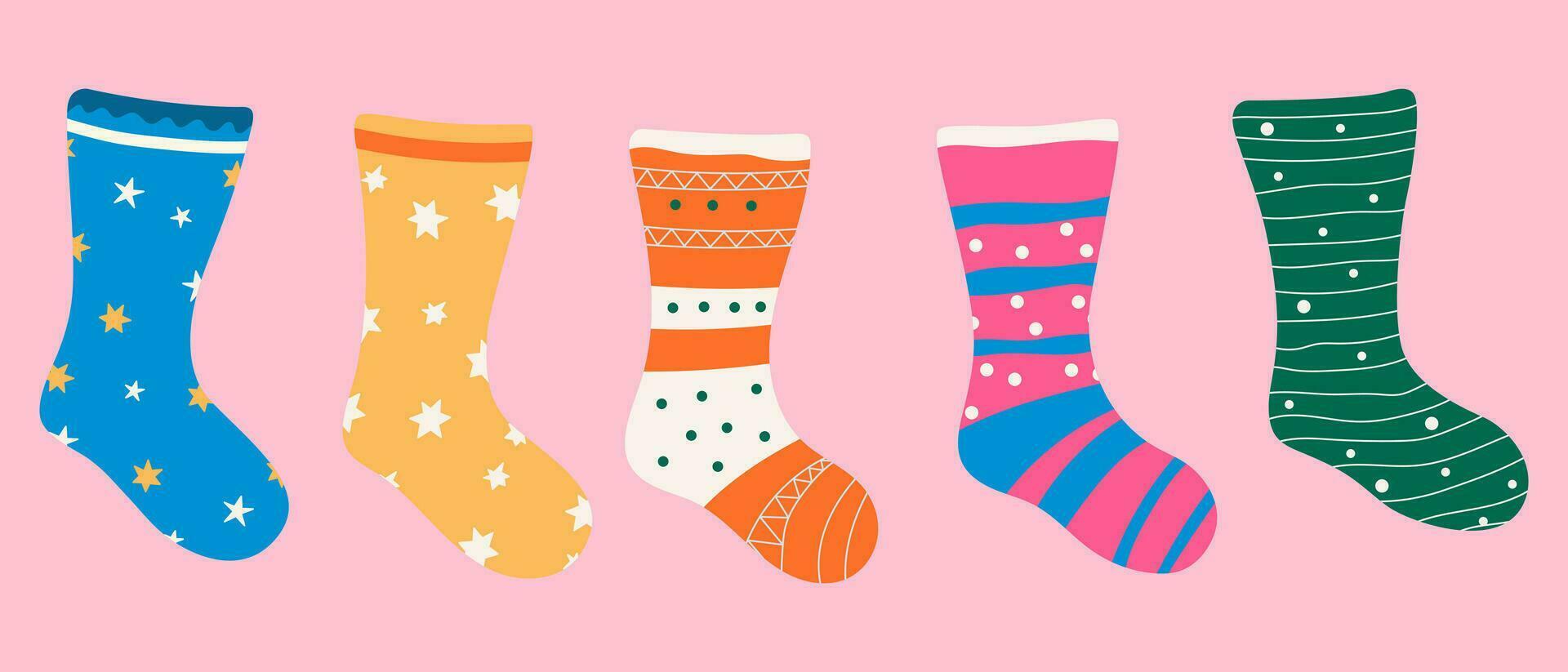 bunt Socken mit wunderlich Muster und Texturen. Vektor Grafik.