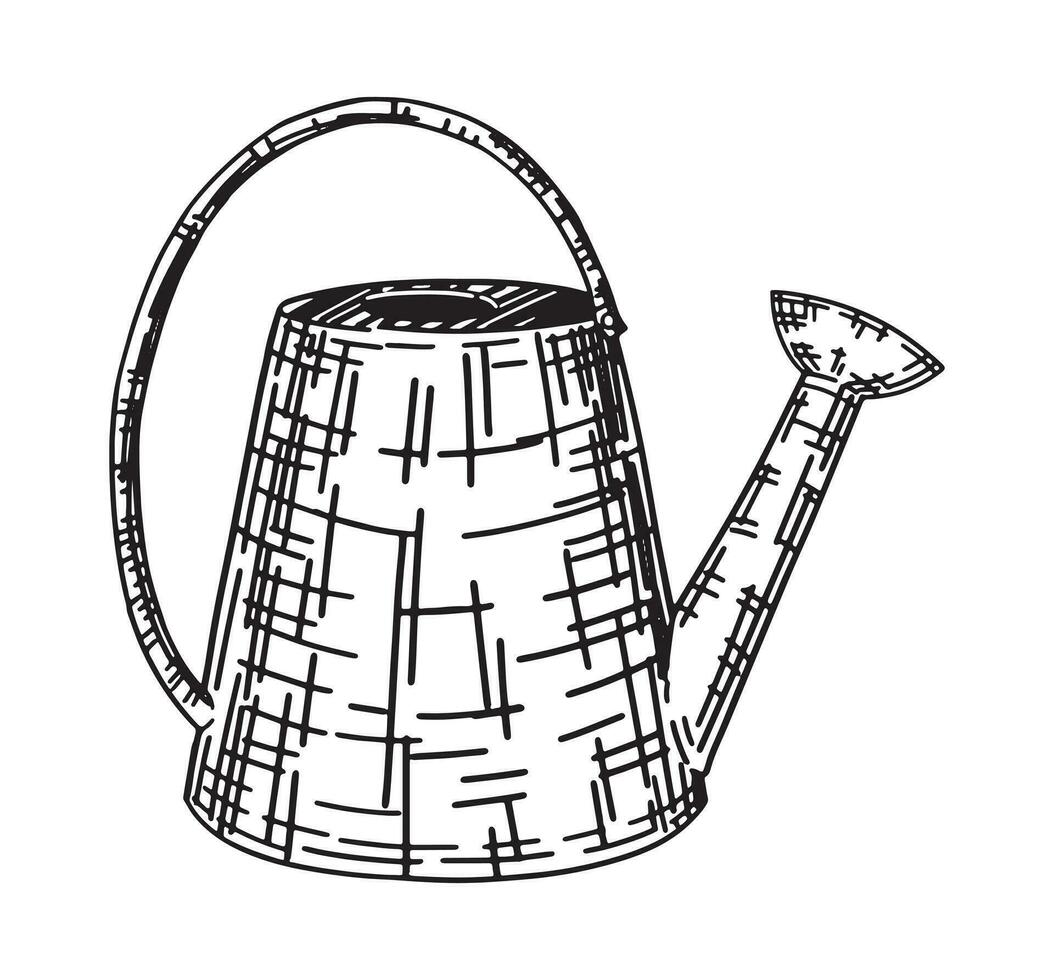 Bewässerung können Gliederung Gekritzel. skizzieren von Gartenarbeit Werkzeug. Vektor Illustration im Gravur Stil isoliert auf Weiß.