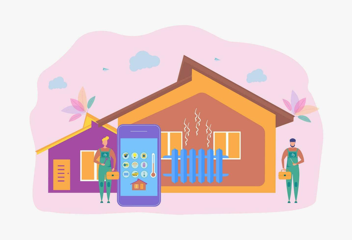 Clever Zuhause Heizung mit ein Smartphone. Arbeitskräfte sind reparieren ein Heizung System, Zuhause Heizung Technologie, Zuhause Energie Speichern Konzept. bunt Vektor Illustration