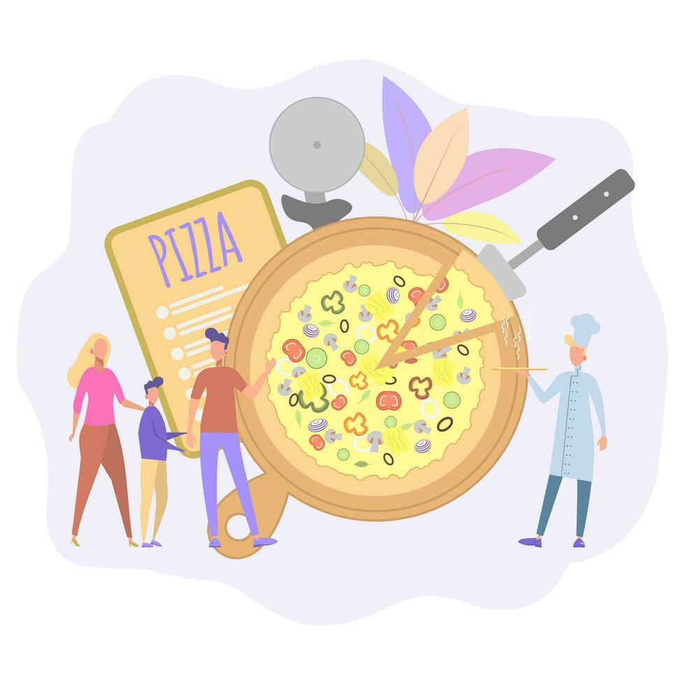 24 timme pizza. beställa pizza. mat leverans, uppkopplad mat beställning. färgrik vektor illustration.