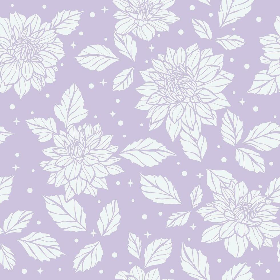 Pastell- lila detailliert Blumen- Vektor Muster mit Punkte, Sterne und Hand gezeichnet Dahlie Illustrationen, magisch nahtlos wiederholen Hintergrund mit Blumen, süß Hintergrund Design.