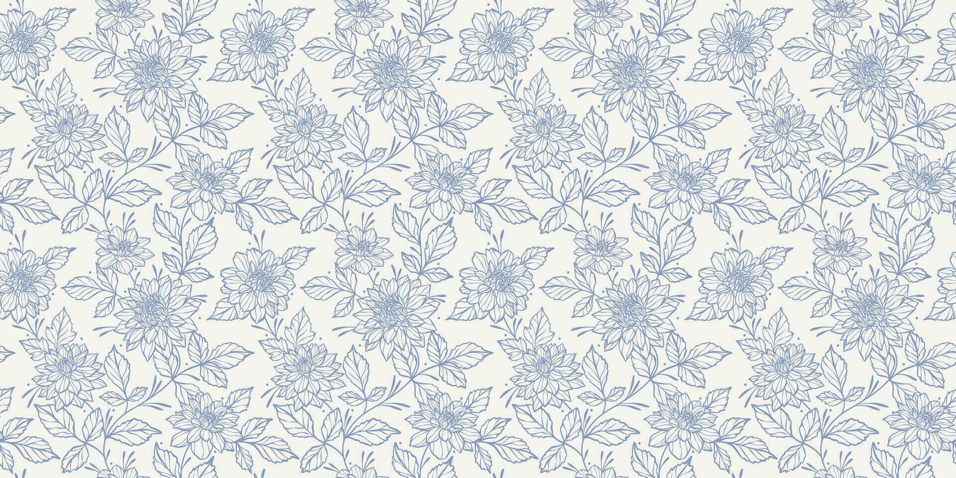 Jahrgang Blau und Weiß Blumen- Muster, elegant Vektor Hintergrund, nahtlos wiederholen drucken mit Hand gezeichnet Dahlie Blumen, kontinuierlich Klettern Ranke Hintergrund, zart feminin Design.