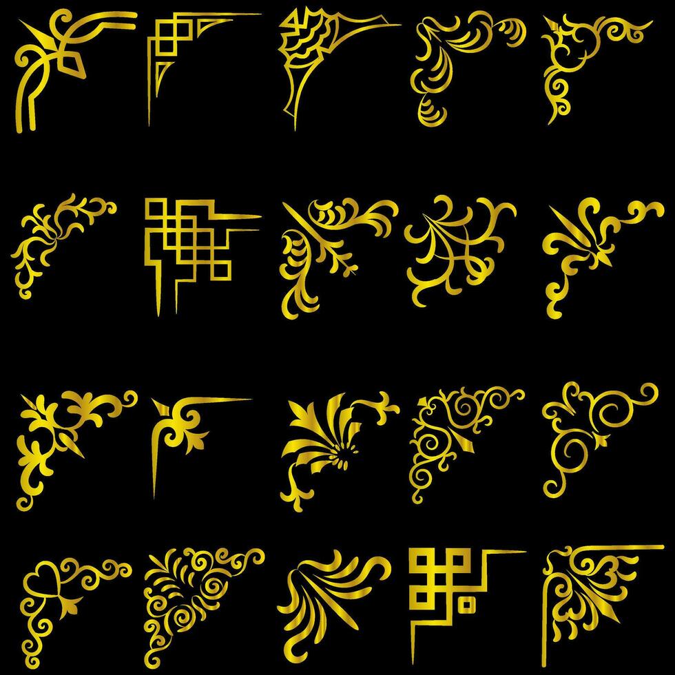 Gold Vektor Illustration von dekorativ Ecke Rahmen Satz. Hand zeichnen von Ecken anders Formen golden Ecke Rahmen Jahrgang Rahmen Dekoration, Gold Blumen- Ornamente.