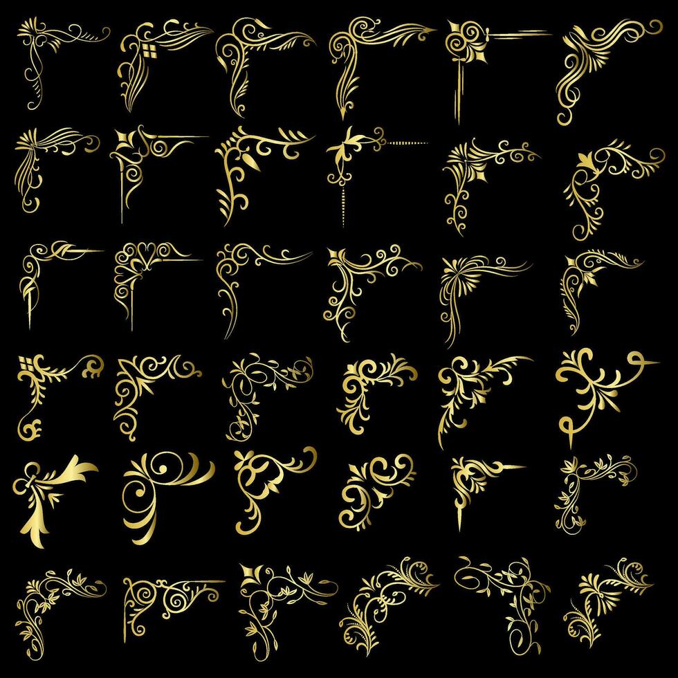 Gold Vektor Illustration von dekorativ Ecke Rahmen Satz. Hand zeichnen von Ecke Rahmen anders gestalten golden Ecke Frames Jahrgang Rahmen Dekoration, Gold Blumen- Ornamente.