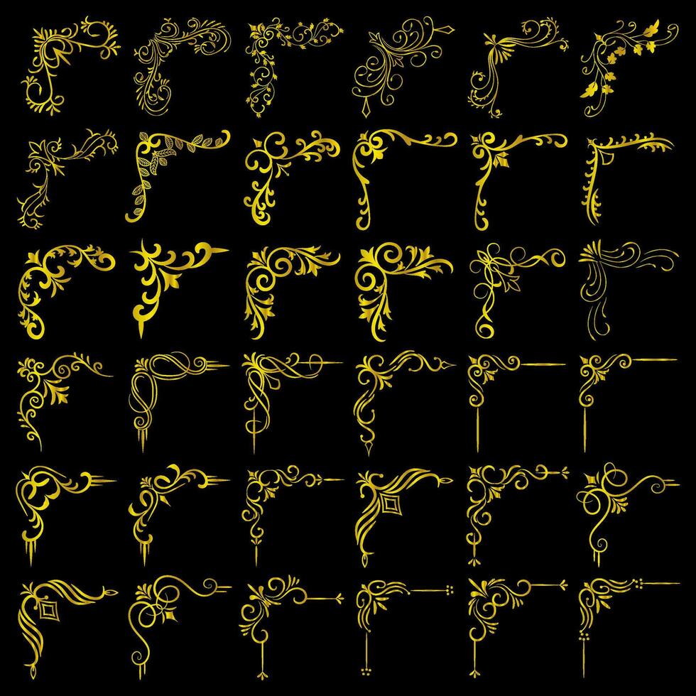 Gold Vektor Illustration von dekorativ Ecke Rahmen Satz. Hand zeichnen von Ecke Rahmen anders gestalten golden Ecke Frames Jahrgang Rahmen Dekoration, Gold Blumen- Ornamente.