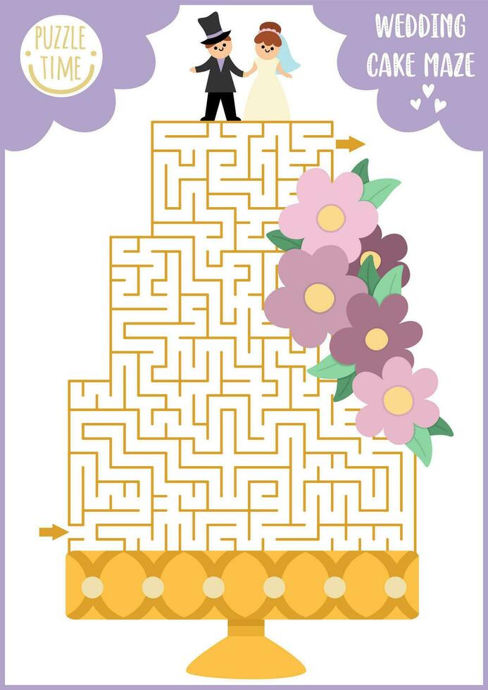 Hochzeit Matze zum Kinder mit groß Kuchen, Braut und Bräutigam Figuren. Ehe Zeremonie Vorschule druckbar Aktivität. Ehe- Labyrinth Spiel, Puzzle mit Dessert und Blumen vektor