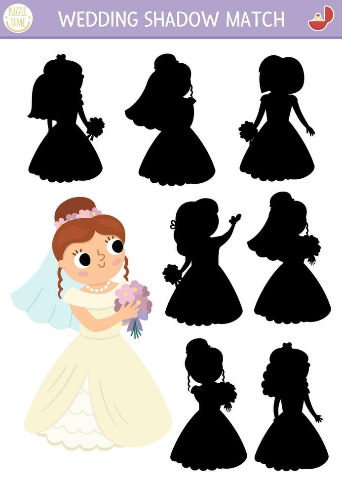 Hochzeit Schatten passend Aktivität mit süß Bräute. Ehe Zeremonie Puzzle mit schön Mädchen im Weiß Kleid mit Strauß. finden richtig Silhouette druckbar Arbeitsblatt oder Spiel zum Kinder vektor