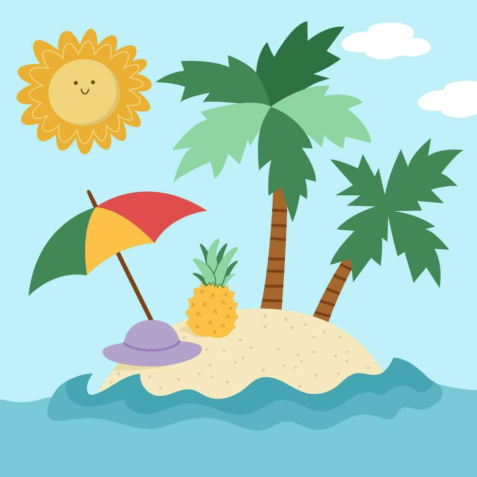 Vektor tropisch Insel Landschaft Illustration. Urlaub oder Urlaube Szene mit unbewohnt Insel, Regenschirm, Ananas, Sonne, Palme Bäume. süß Sommer- Platz Hintergrund. Marine Bild zum Kinder